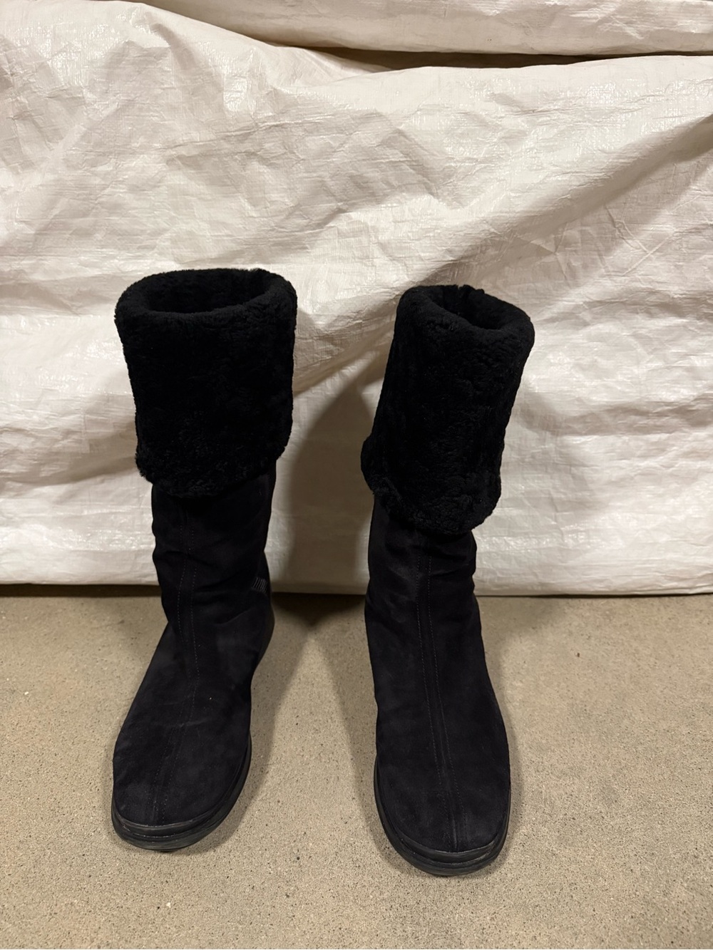 Prada Black Suede Mid-Calf Boots with Faux-Fur Cuff